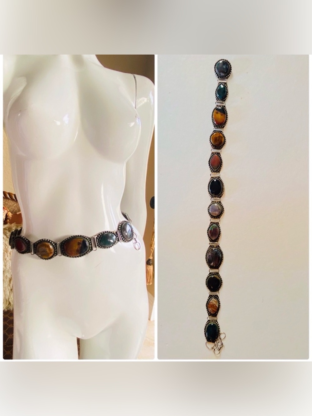 Precious Multicolor Stones Silver Chain belt.
